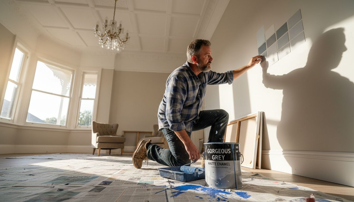 Homeowner examining paint samples in living room