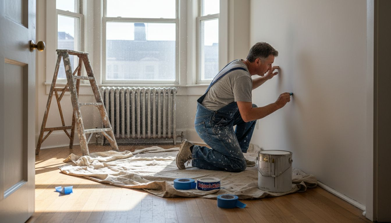 Painter preparing living room for interior painting