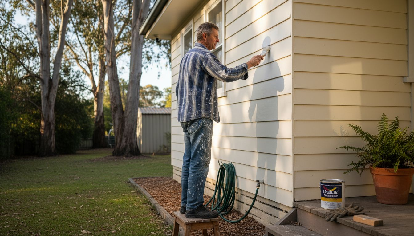 Homeowner maintaining paintwork on weatherboard wall