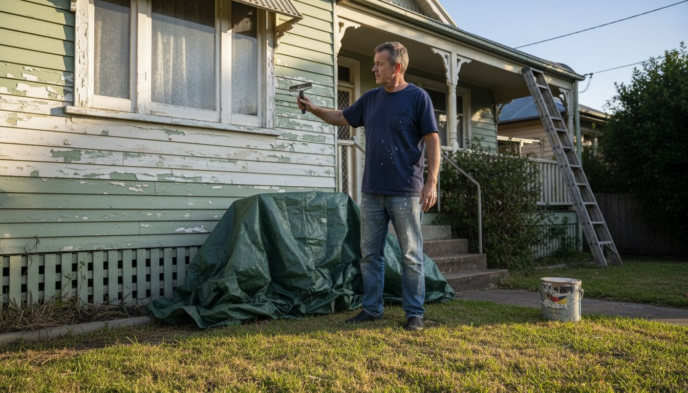 Homeowner inspecting peeling exterior paint