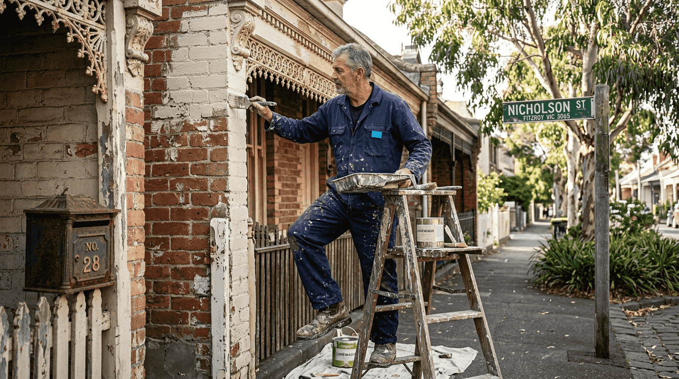 Painter applying coating to heritage facade