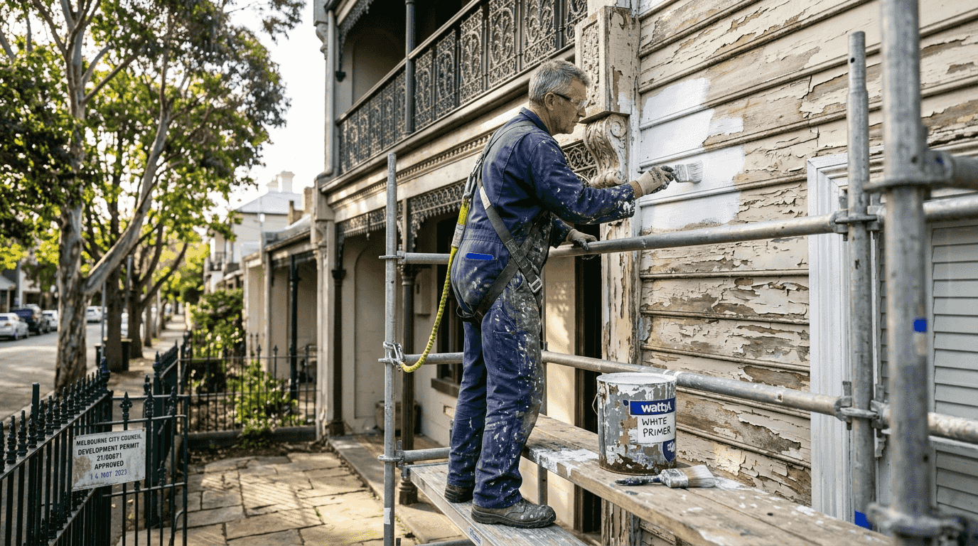Painter preparing heritage Victorian home exterior