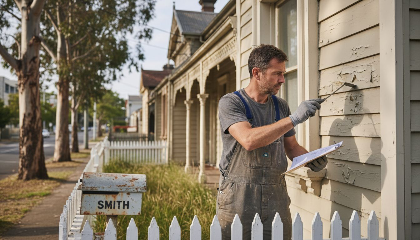 Worker inspects peeling paint on Melbourne terrace