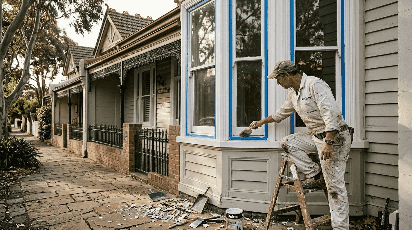 Painter preparing Melbourne Victorian home exterior