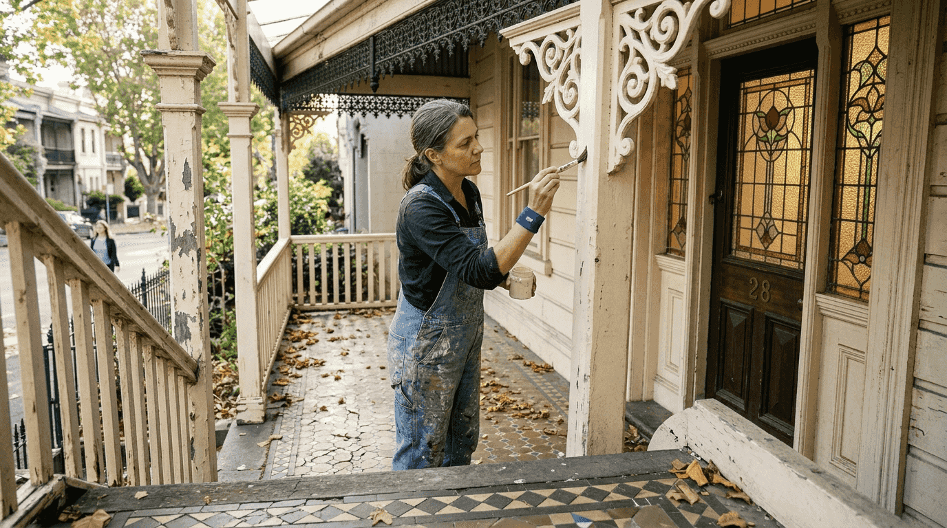 Painter restoring Victorian home facade in Melbourne