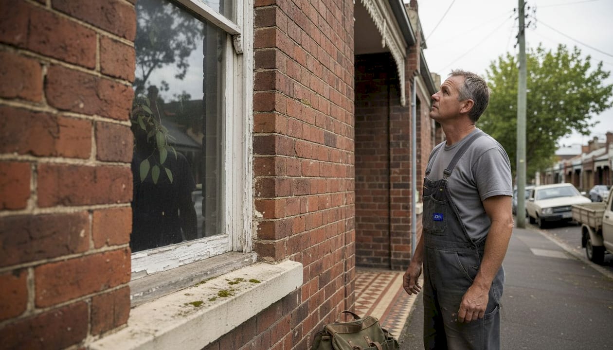Tradesperson examining Victorian sash window Melbourne home