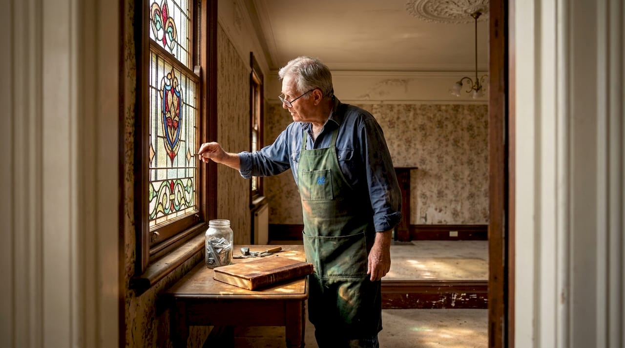 Artisan inspecting heritage stained glass window