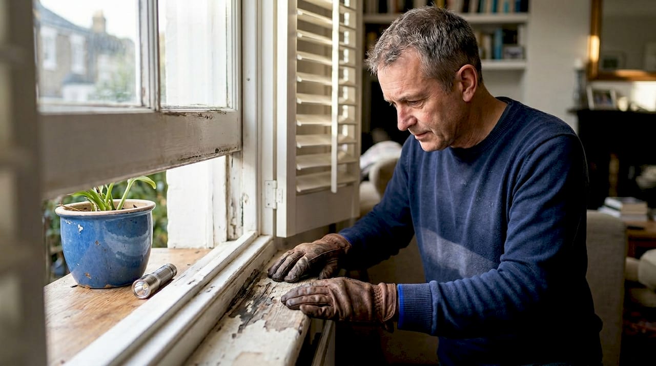Homeowner inspecting weathered timber window sill