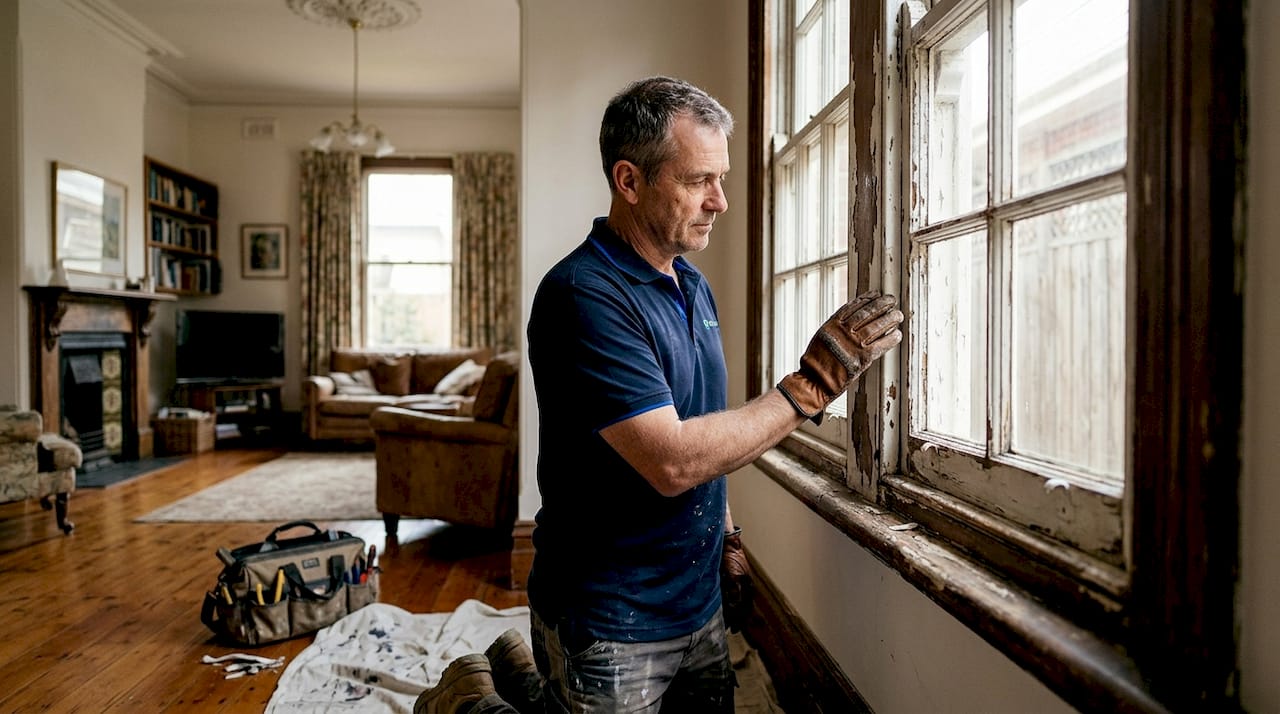 Inspecting flaking paint on heritage window