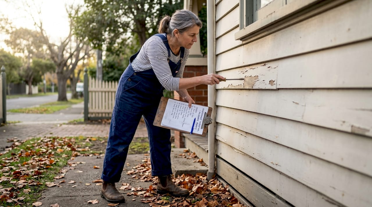 Tradesperson inspecting Melbourne weatherboard house