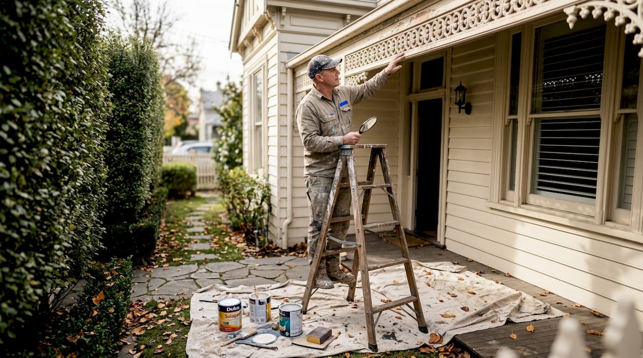 Painter inspecting Melbourne Victorian home exterior