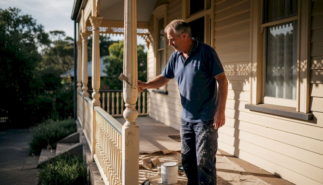 Painter restoring Melbourne Victorian home facade