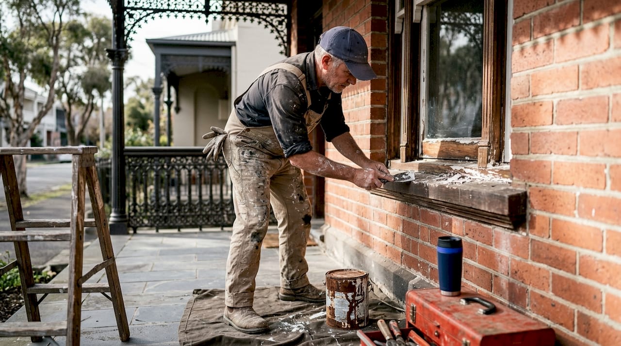 Tradesperson restoring ornate window on heritage home