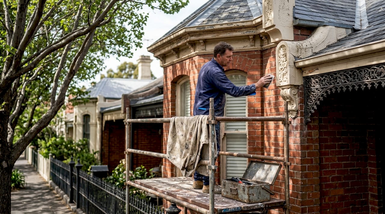 Painter prepping heritage home exterior timber trim