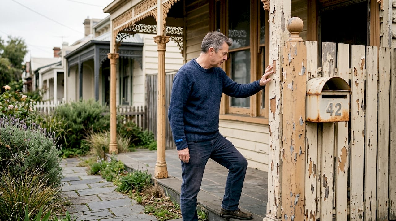 Homeowner inspecting peeling paint on Melbourne terrace
