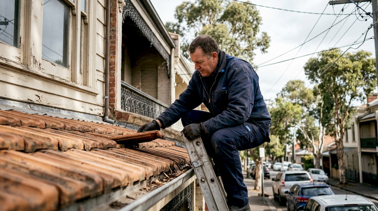 Worker inspecting heritage roof tiles on ladder