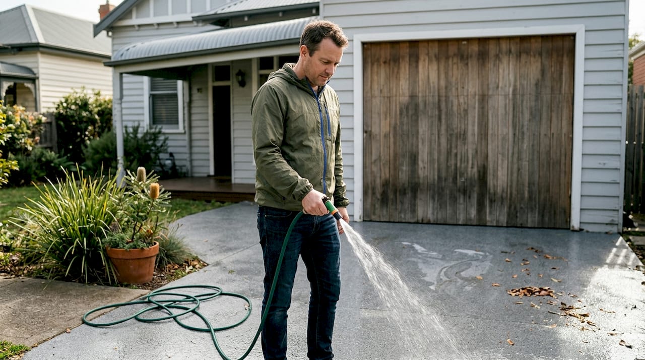 Homeowner rinsing epoxy coated driveway