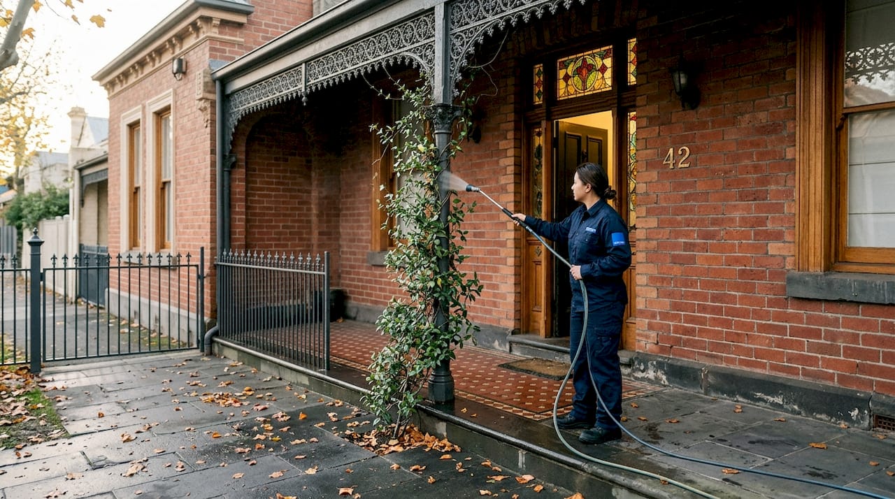 Cleaner rinsing ornate Melbourne heritage home exterior
