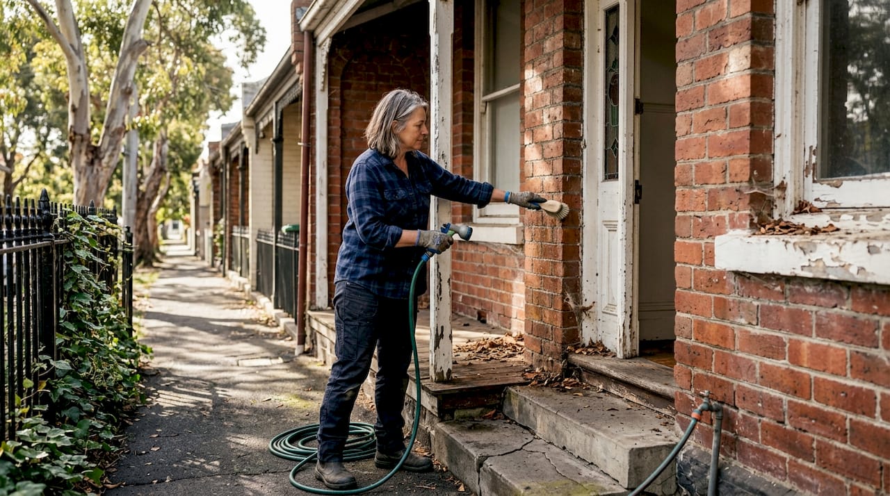 Homeowner cleaning brick heritage house exterior