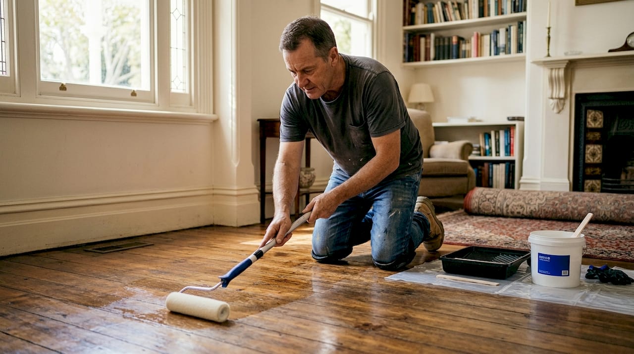 Worker applying epoxy on heritage timber floor
