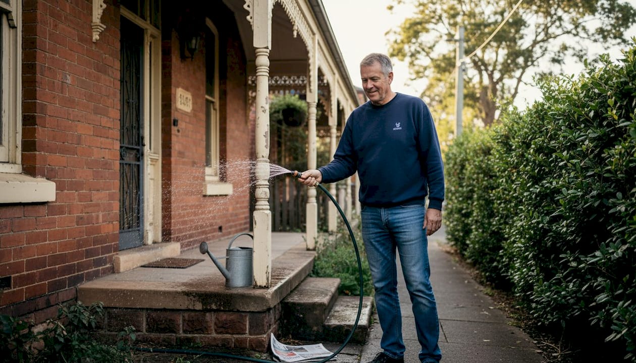 Homeowner cleaning Victorian house exterior