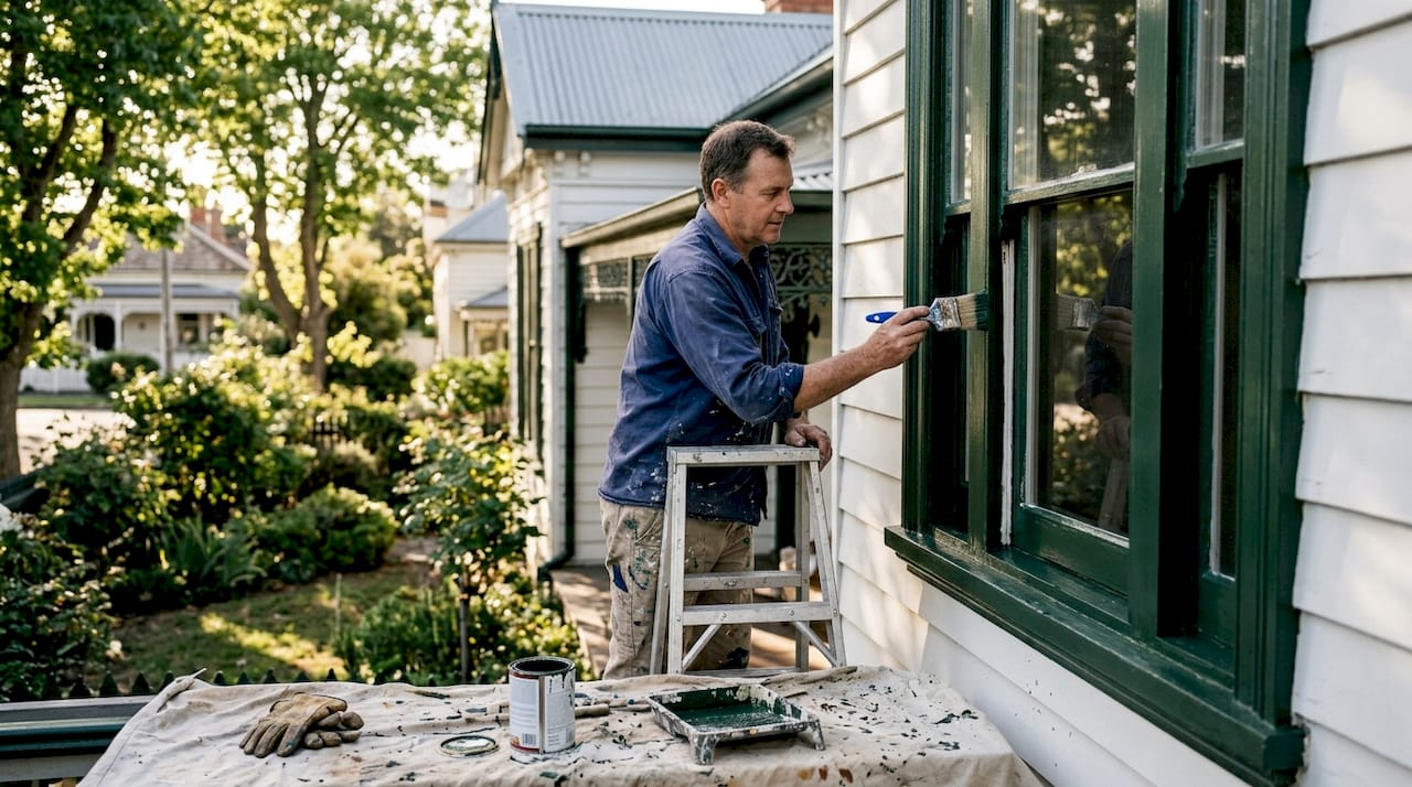 Painter working on Victorian heritage window trim