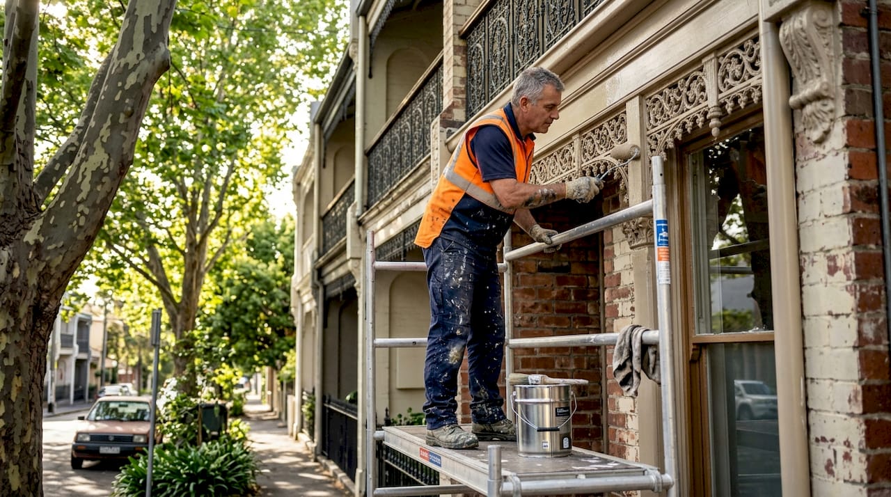 Painter applying commercial paint to heritage facade