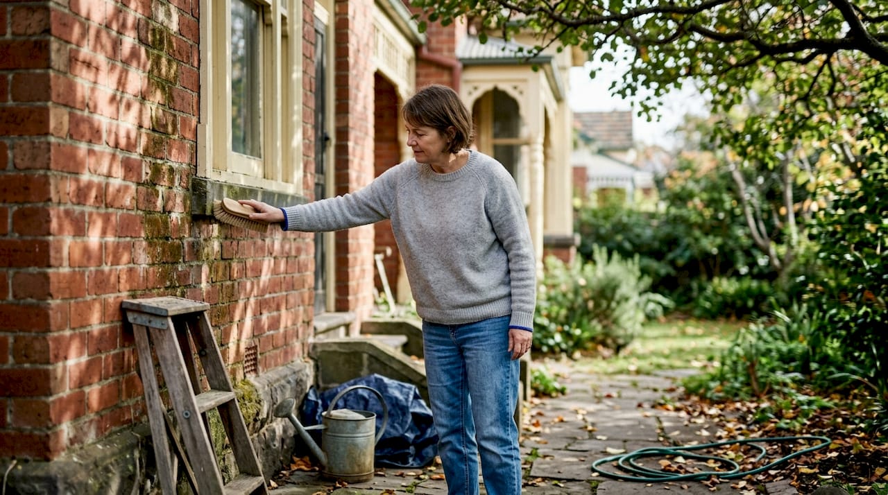 Woman cleaning Victorian brick heritage house