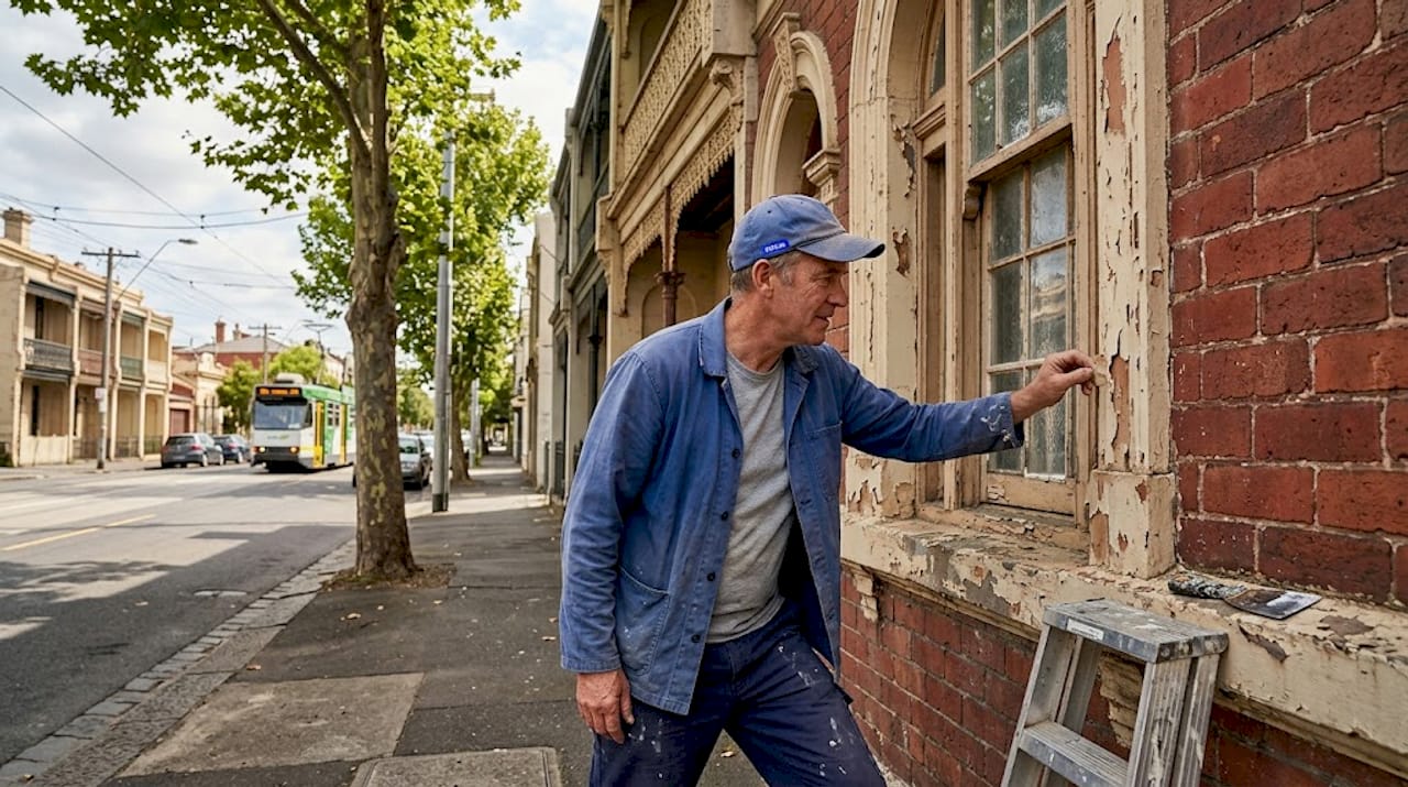 Homeowner inspecting heritage brickwork and peeling paint