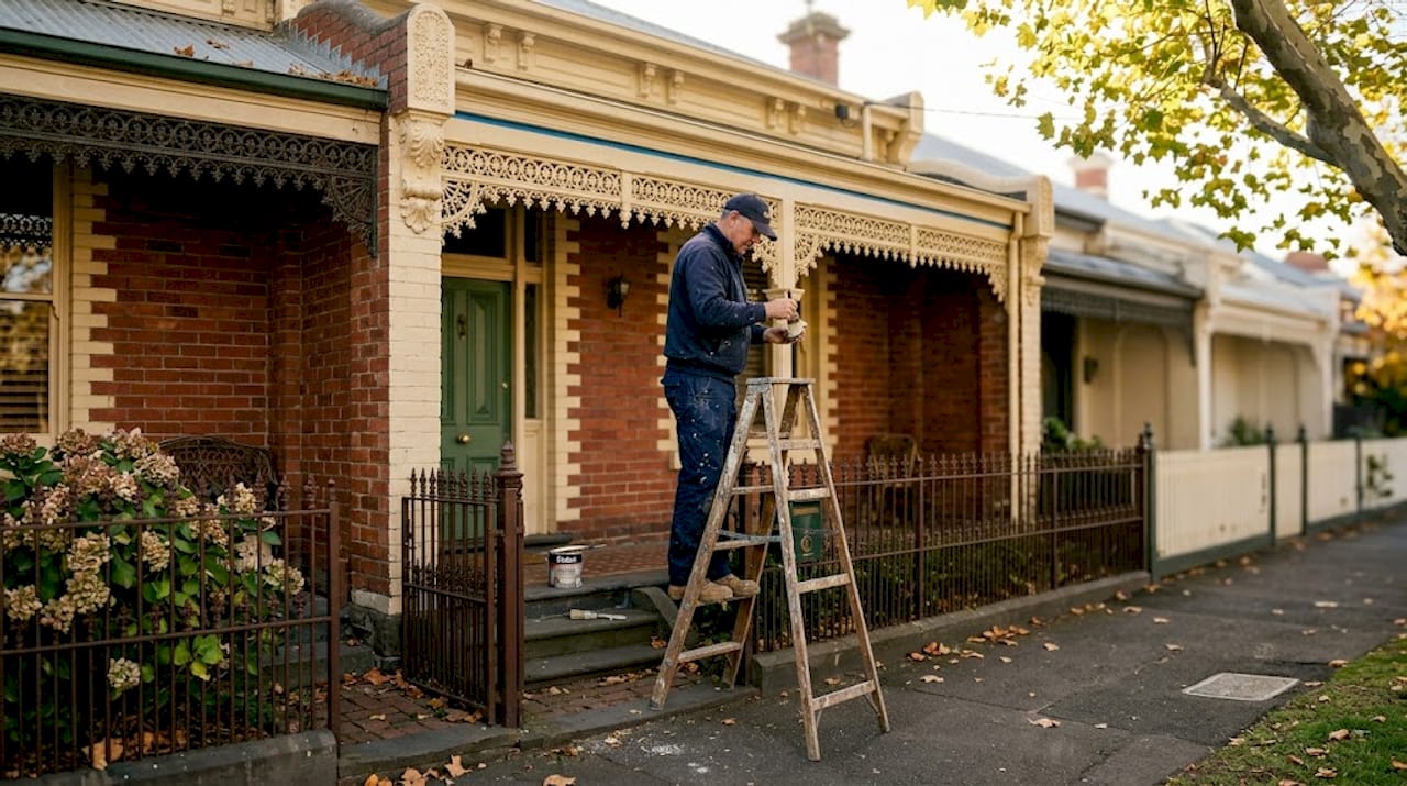 Painter working on heritage home facade trim