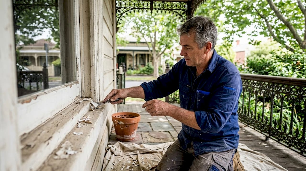 Careful paint removal on heritage home porch