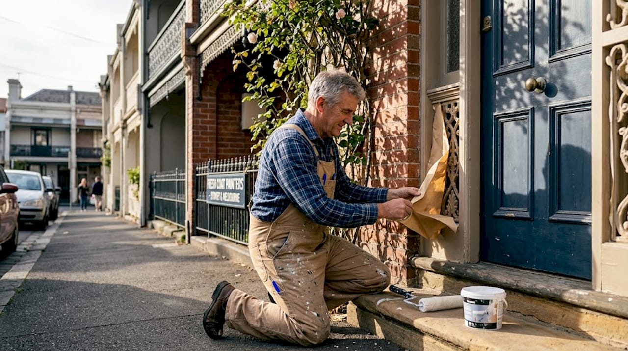 Painter prepping fretwork on Victorian home exterior