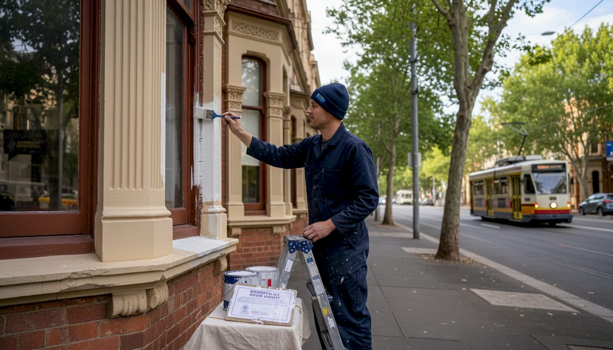 Painter working on Victorian heritage home's facade