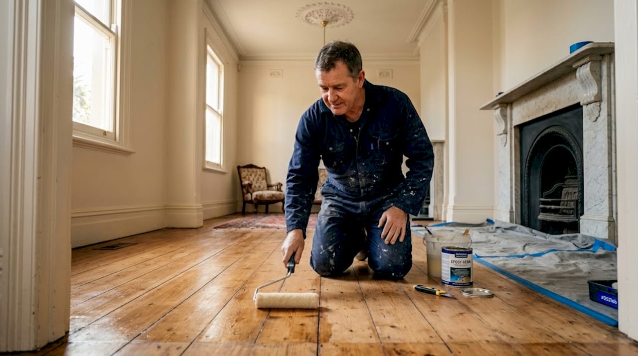 Tradesperson applying epoxy in Victorian home