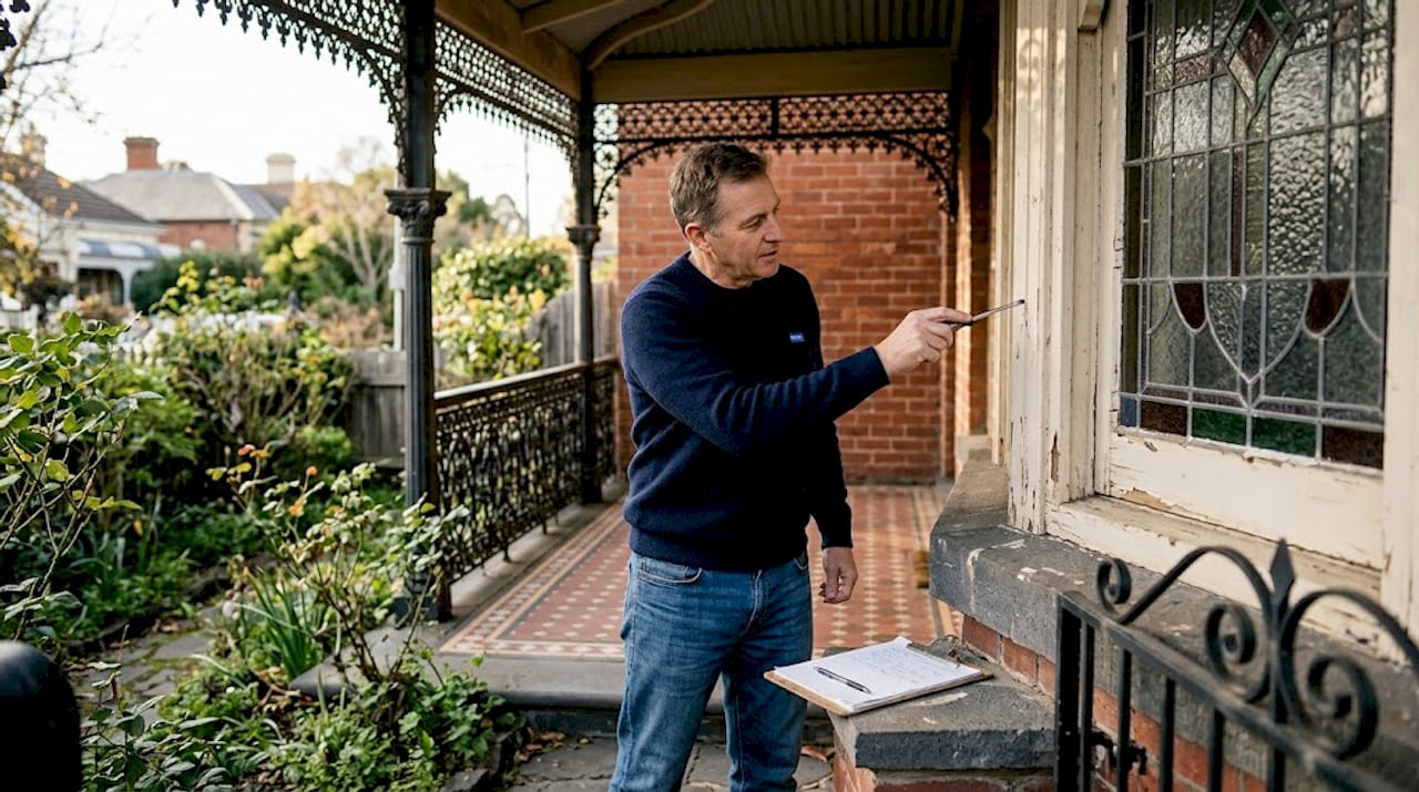 Homeowner inspecting heritage window for damage