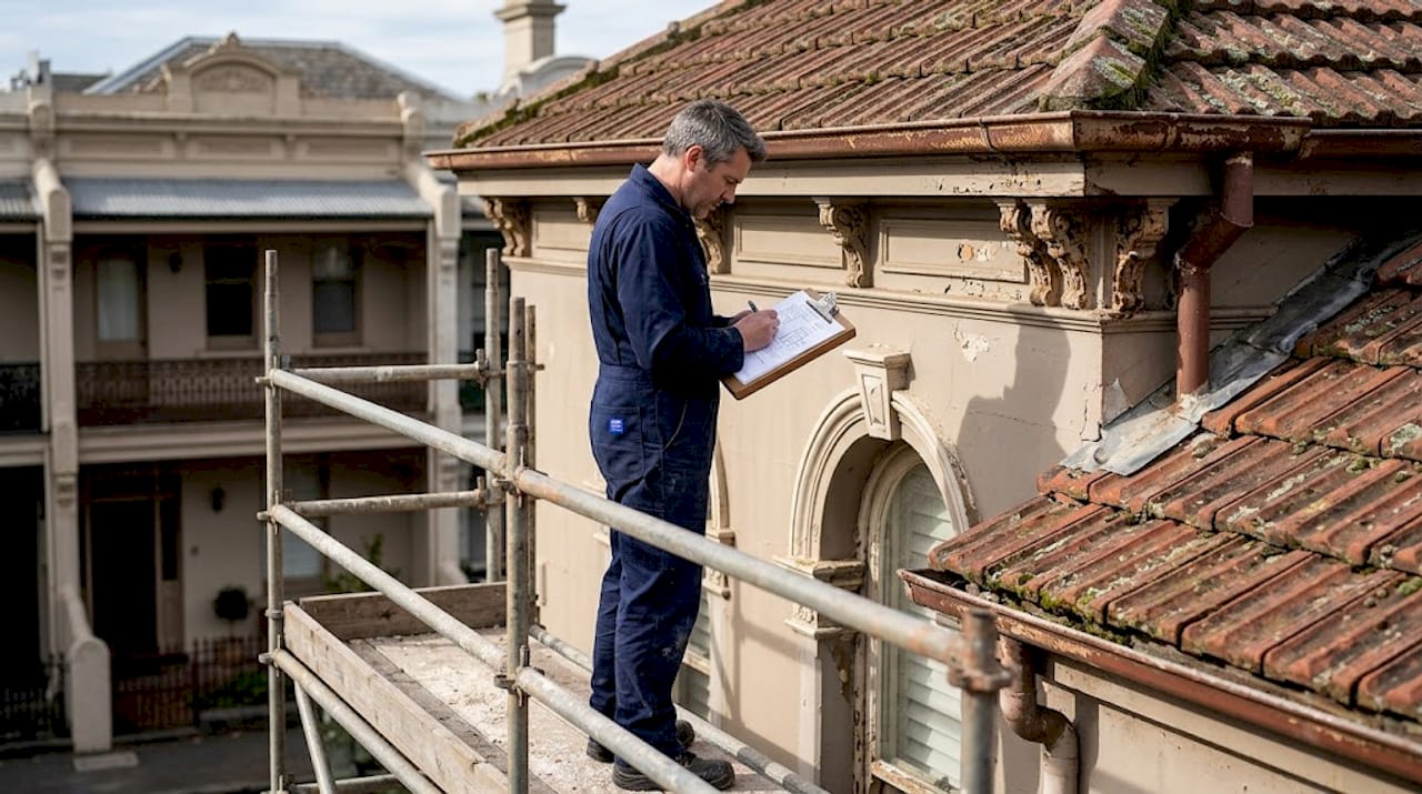 Roof specialist inspects period home tiles