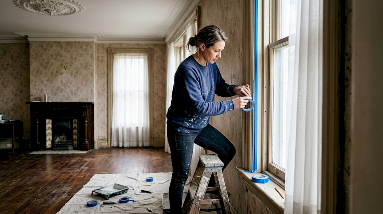 Painter taping around Victorian interior woodwork