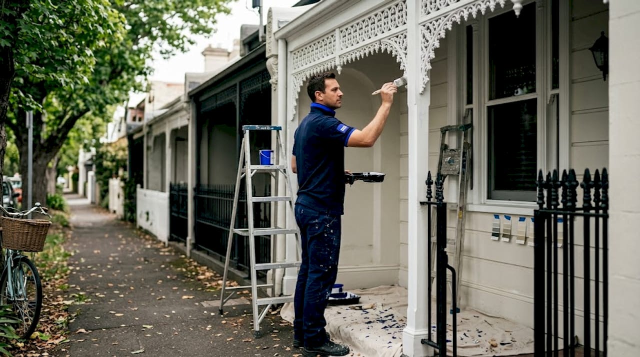 Painter working on heritage Melbourne terrace exterior