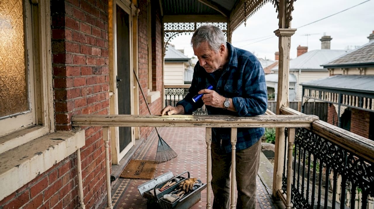 Elderly owner examines heritage porch paint