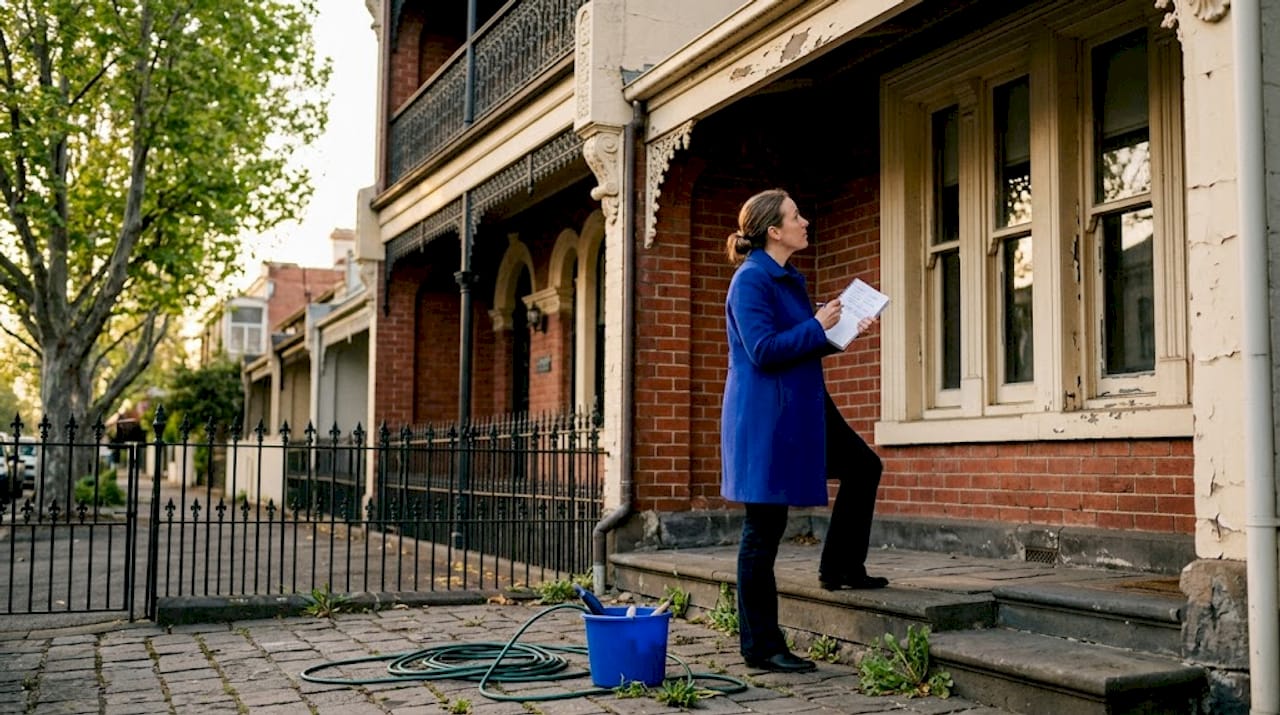 Homeowner inspecting exterior paint on Melbourne period home