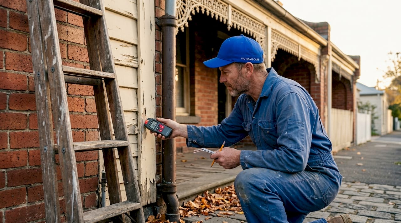 Tradesperson inspecting Victorian house weatherboards