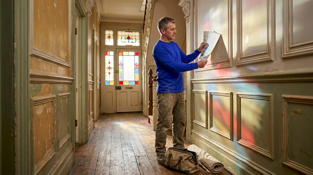 Painter choosing paint finish in Victorian hallway