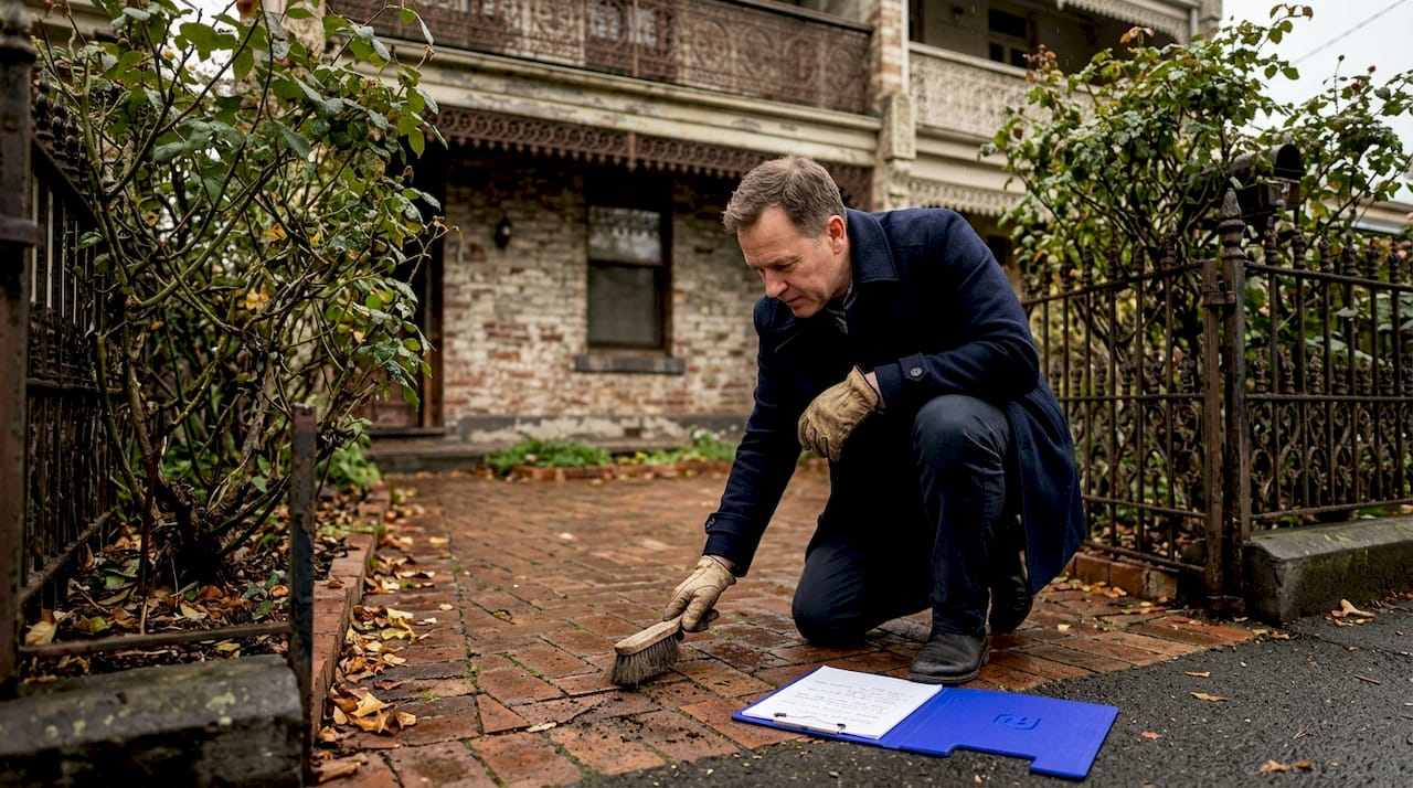 Homeowner inspects brick driveway at heritage house