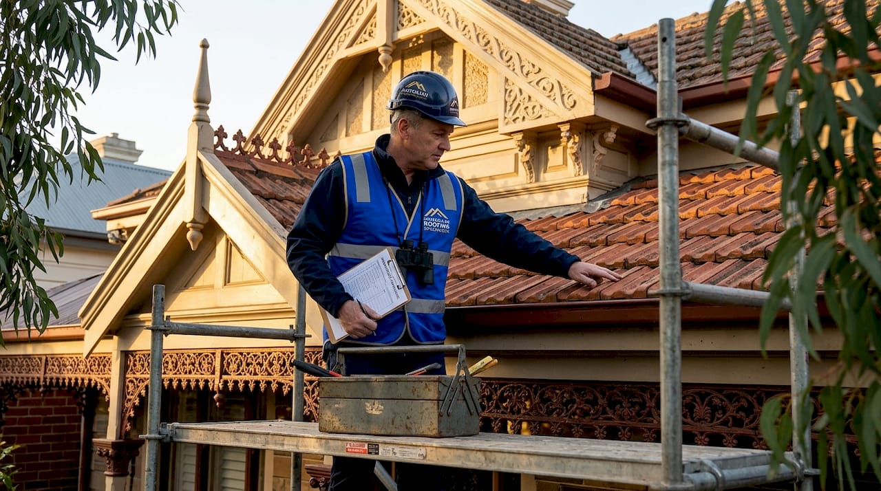 Roof specialist inspecting Victorian heritage roof