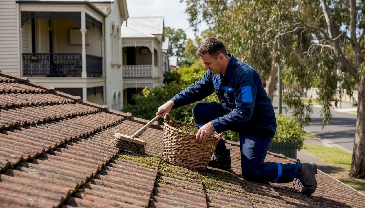 Roof cleaner working on Melbourne heritage home