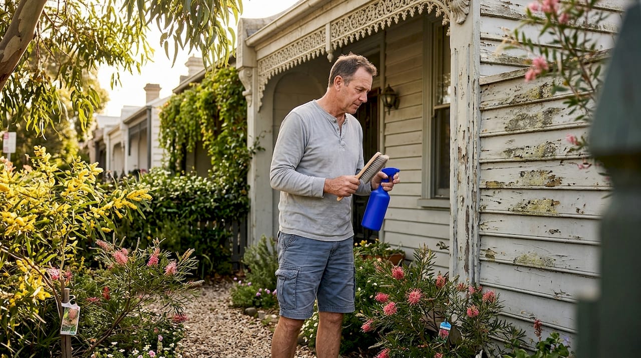 Homeowner inspecting historic Melbourne home exterior