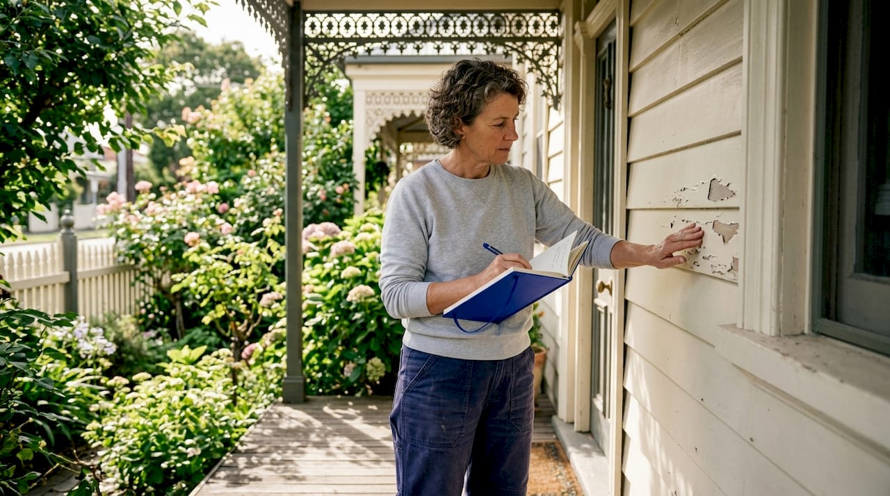 Woman inspects paint on Melbourne heritage house