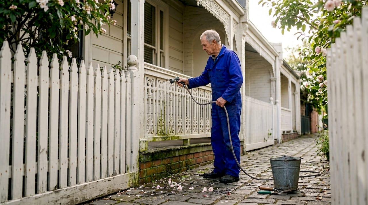 Man washing façade of Melbourne heritage home