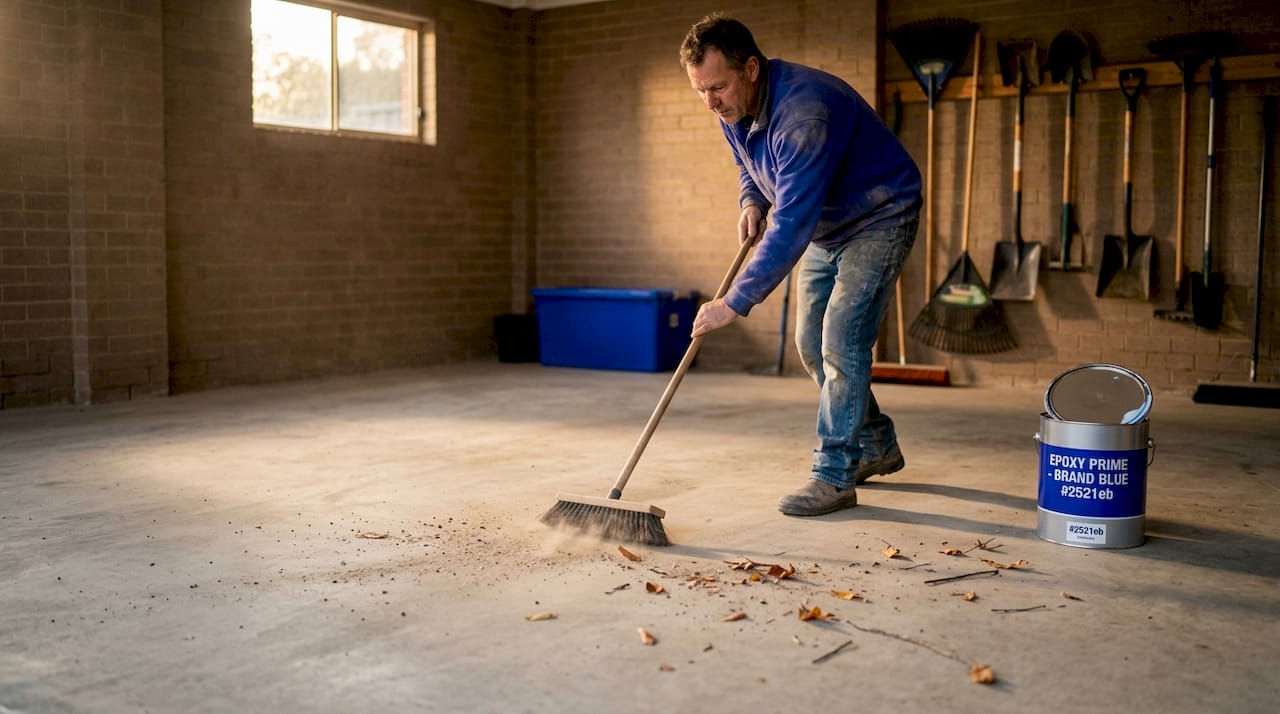Homeowner preparing garage floor for epoxy