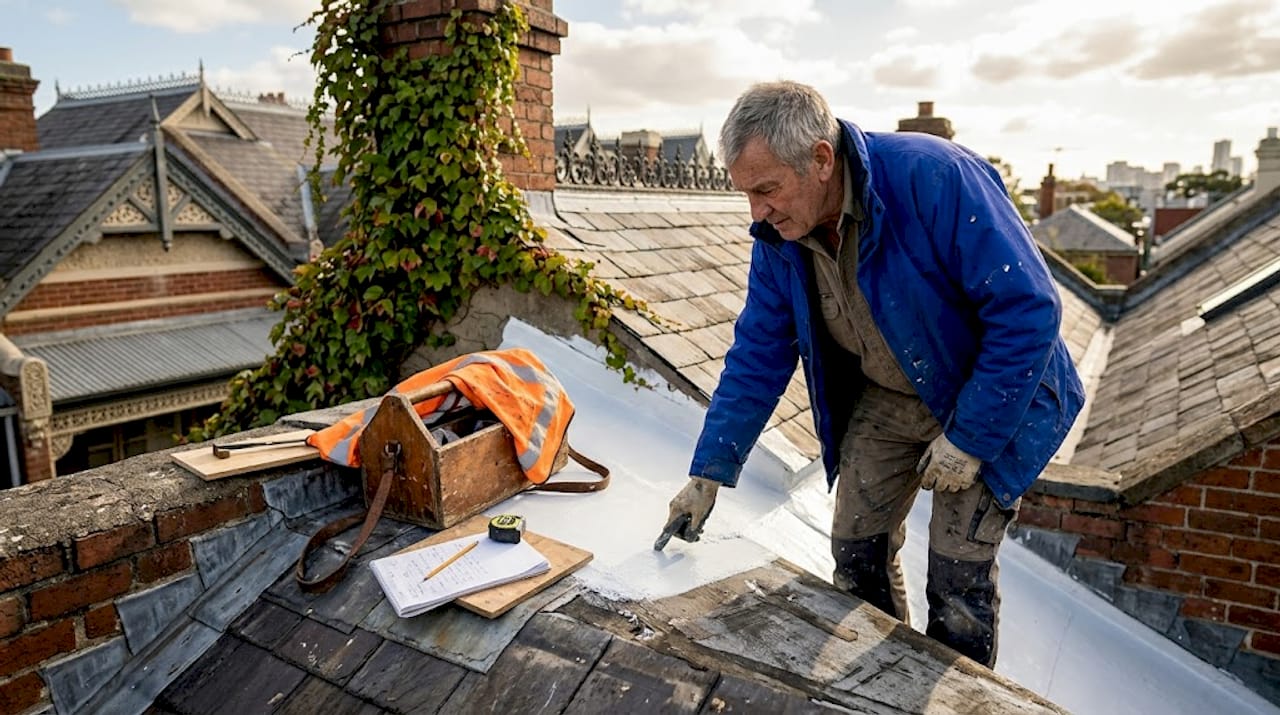 Tradesperson inspecting heritage roof coating